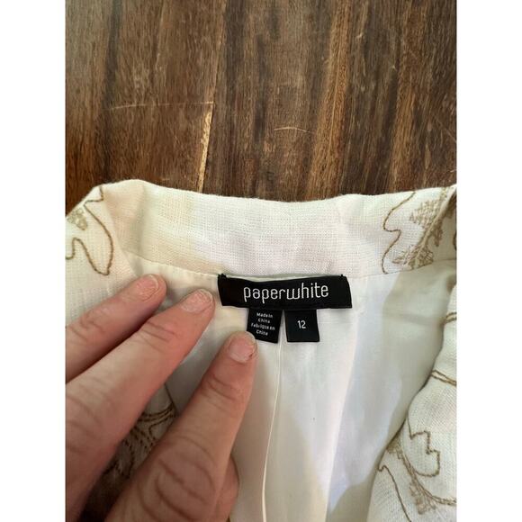 PaperWhite Women's White Long Floral Embroidered Linen Blazer Jacket Size 12 - Picture 6 of 11